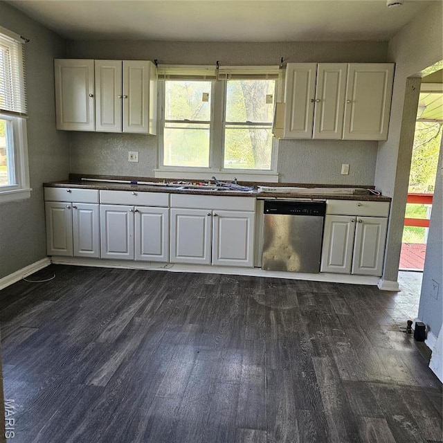 600 Plum, Cahokia, IL 62206 - kitchen with dishwasher, dark wood-style floors, and white cabinetry
