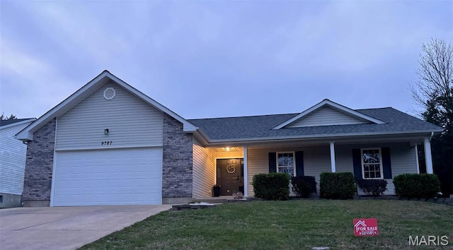 9787 Cedar Dr, Hillsboro, MO 63050 - single story home featuring concrete driveway, a front yard, an attached garage, roof with shingles, and a porch