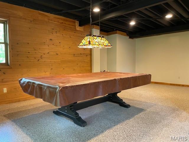 recreation room with carpet floors, wood walls, pool table, and baseboards