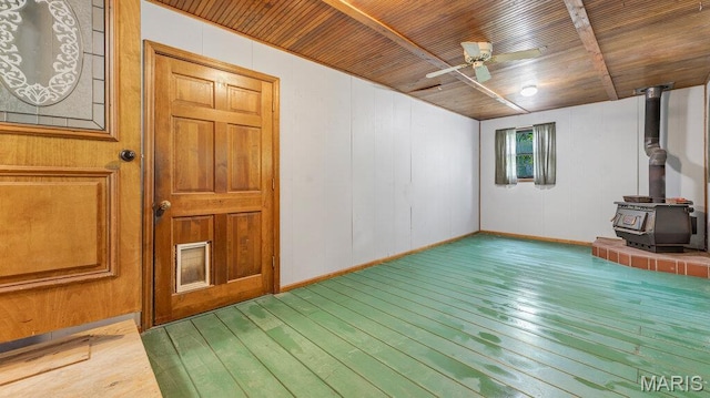 28470 Sunnyside Rd, Warrenton, MO 63383 - spare room with hardwood / wood-style flooring, ceiling fan, a wood stove, wood ceiling, and baseboards