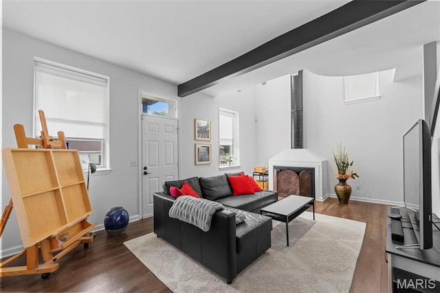 4366 W Pine Blvd Unit Cw, Saint Louis, MO 63108 - living room featuring dark wood finished floors, baseboards, beam ceiling, and a wood stove