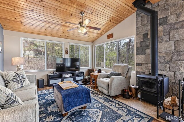 13219 Apache Point Dr, Saint Genevieve, MO 63670 - living room featuring a wood stove, vaulted ceiling, a ceiling fan, wood ceiling, and wood finished floors