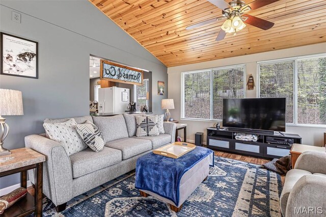 13219 Apache Point Dr, Saint Genevieve, MO 63670 - living area featuring lofted ceiling, wood ceiling, wood finished floors, and ceiling fan