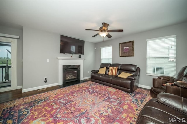 1338 Orchard Lakes Cir, Belleville, IL 62220 - living area with a ceiling fan, baseboards, and a fireplace