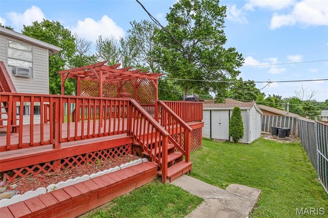 11 Heather Ct, Crystal City, MO 63019 - view of yard with a storage unit, a wooden deck, a pergola, an outdoor structure, and cooling unit