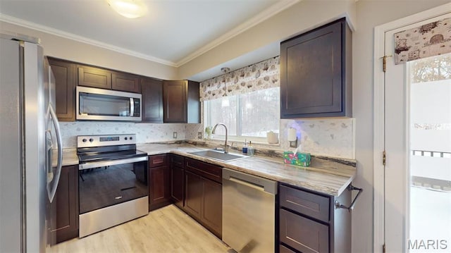 156 Cascade Terrace Dr, Ballwin, MO 63021 - kitchen featuring stainless steel appliances, light wood-style floors, backsplash, dark brown cabinets, and crown molding