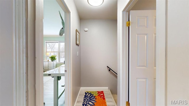 156 Cascade Terrace Dr, Ballwin, MO 63021 - hall featuring an upstairs landing and baseboards