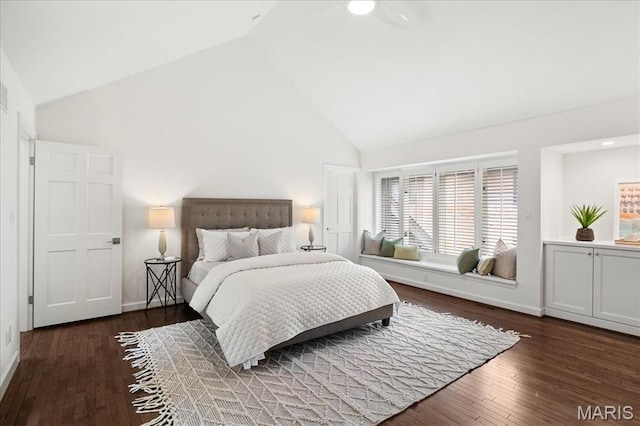 139 N Central Ave Unit P, Saint Louis, MO 63105 - bedroom featuring high vaulted ceiling, dark wood-style flooring, multiple windows, and ceiling fan