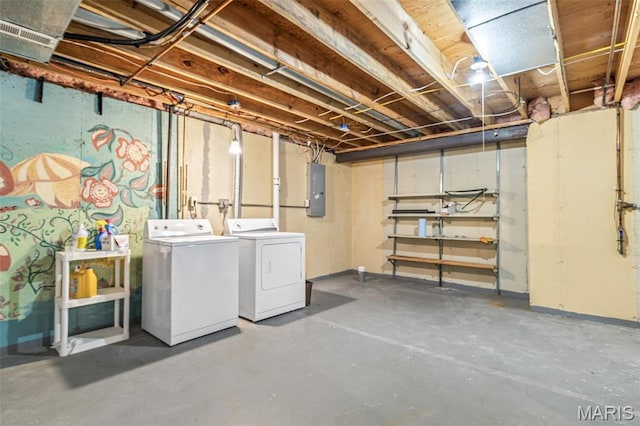 1421 N Woods Dr, Festus, MO 63028 - unfinished basement featuring washer and dryer and electric panel