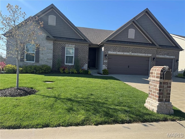 501 Upper Ridgepointe Ct, Lake St Louis, MO 63367 - craftsman inspired home featuring brick siding, a front yard, an attached garage, and concrete driveway
