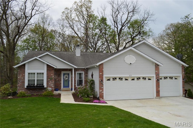 611 Woodchuck Ln, Lake St Louis, MO 63367 - view of front of property featuring an attached garage, brick siding, driveway, and a chimney