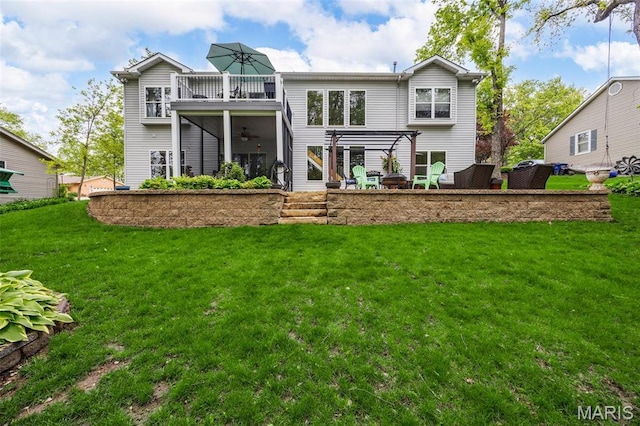 611 Woodchuck Ln, Lake St Louis, MO 63367 - rear view of house featuring ceiling fan, a yard, a balcony, and a patio area