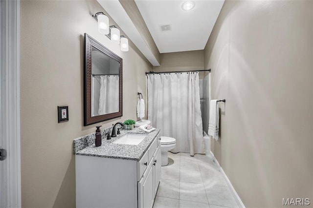 611 Woodchuck Ln, Lake St Louis, MO 63367 - bathroom featuring toilet, vanity, tile patterned floors, a shower with shower curtain, and baseboards