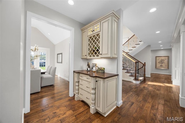 1264 Wilton Ln, Saint Louis, MO 63122 - hallway with stairway, dark wood-style floors, baseboards, recessed lighting, and vaulted ceiling