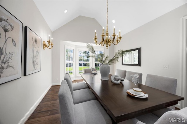 1264 Wilton Ln, Saint Louis, MO 63122 - dining room featuring a chandelier, dark wood-style floors, vaulted ceiling, baseboards, and recessed lighting