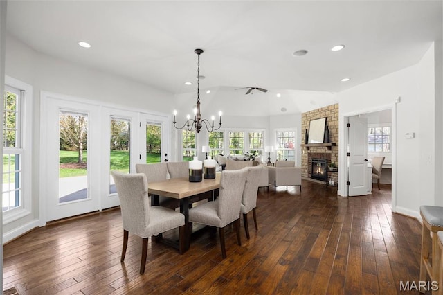 1264 Wilton Ln, Saint Louis, MO 63122 - dining room featuring a chandelier, plenty of natural light, dark wood-style floors, recessed lighting, and lofted ceiling