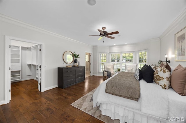 1264 Wilton Ln, Saint Louis, MO 63122 - bedroom featuring crown molding, hardwood / wood-style flooring, a ceiling fan, a spacious closet, and baseboards