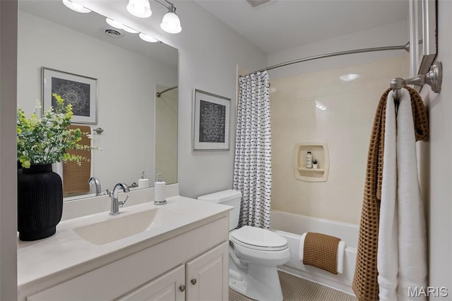 1264 Wilton Ln, Saint Louis, MO 63122 - full bath featuring toilet, shower / bathtub combination with curtain, vanity, and tile patterned flooring