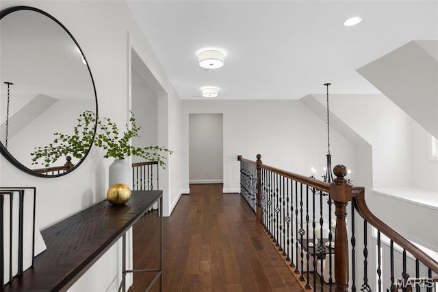 1264 Wilton Ln, Saint Louis, MO 63122 - corridor with dark wood-style floors, recessed lighting, an upstairs landing, baseboards, and a chandelier