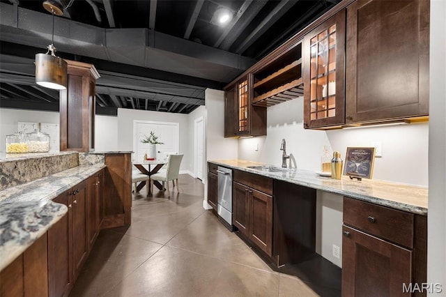 1264 Wilton Ln, Saint Louis, MO 63122 - kitchen with a sink, finished concrete flooring, dishwasher, glass insert cabinets, and light stone countertops