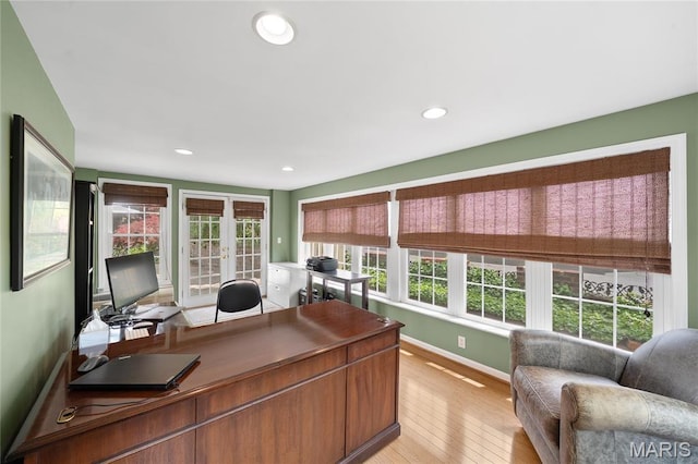 133 Webster Woods Dr, Saint Louis, MO 63119 - office area featuring light wood-style flooring, healthy amount of natural light, baseboards, recessed lighting, and french doors