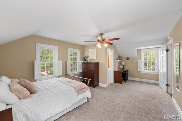 133 Webster Woods Dr, Saint Louis, MO 63119 - bedroom with lofted ceiling, carpet floors, baseboards, and ceiling fan