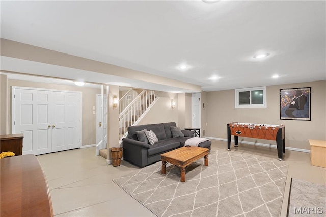 133 Webster Woods Dr, Saint Louis, MO 63119 - living area with stairs, baseboards, recessed lighting, and light tile patterned flooring