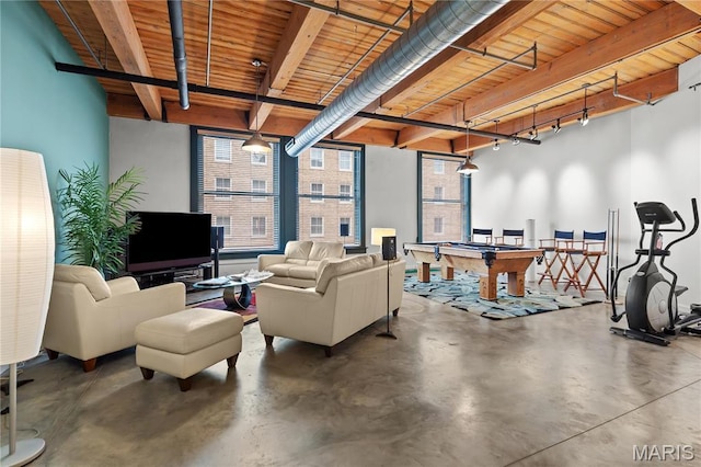 901 Washington Ave Unit 605, Saint Louis, MO 63101 - living room featuring pool table, concrete flooring, wooden ceiling, and beamed ceiling