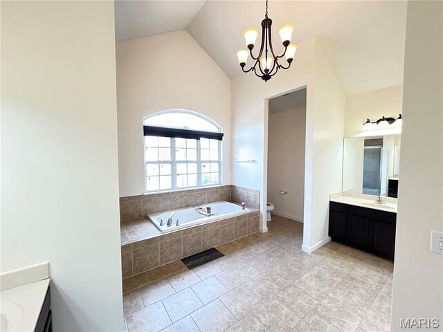 833 Harding St, Saint Peters, MO 63376 - full bath featuring toilet, a chandelier, vanity, a bath, and lofted ceiling