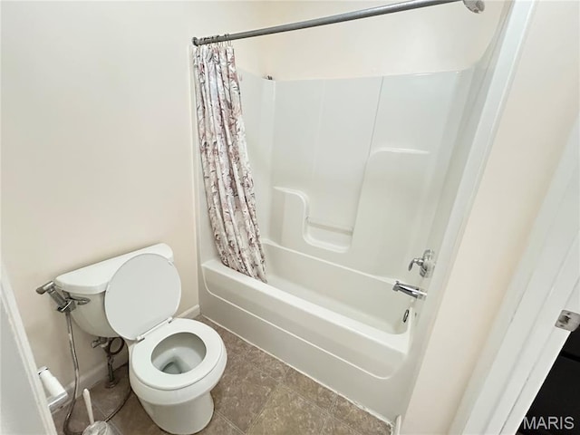 833 Harding St, Saint Peters, MO 63376 - full bathroom with shower / bathtub combination with curtain, baseboards, toilet, and tile patterned floors