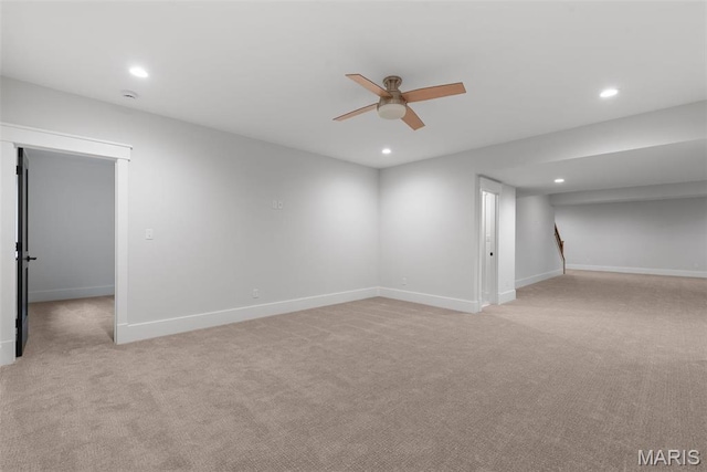 705 W Lockwood Ave, Glendale, MO 63122 - spare room featuring a ceiling fan, recessed lighting, light colored carpet, and baseboards