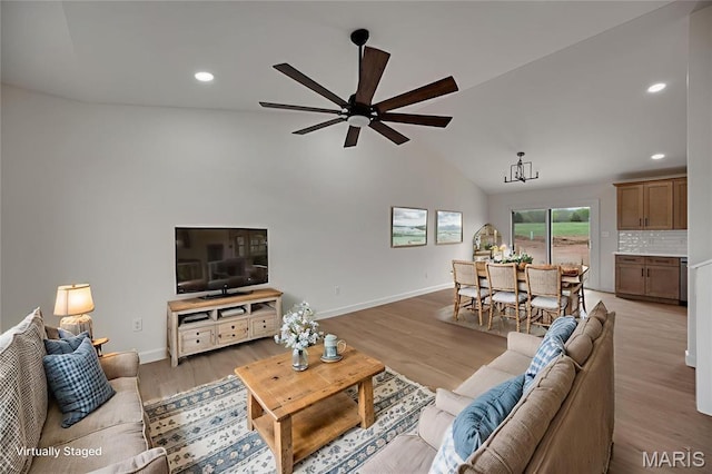 10204 Riehl Farm Dr, Potosi, MO 63664 - living area with a ceiling fan, light wood-style flooring, recessed lighting, and high vaulted ceiling