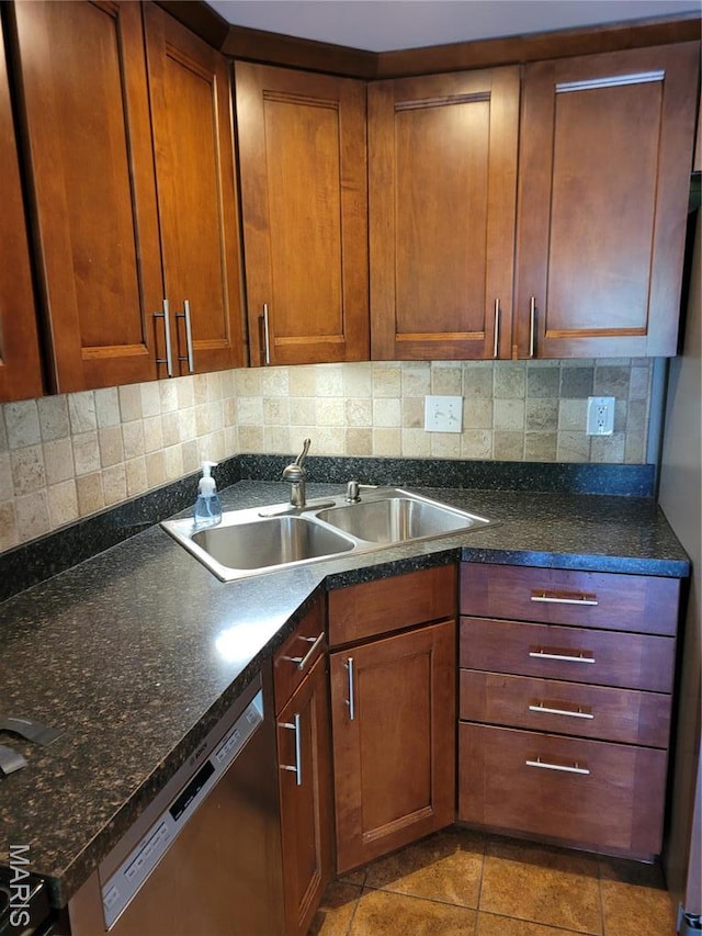 12859 Town And Four Dr Unit 12859, Creve Coeur, MO 63141 - kitchen featuring a sink, dishwasher, backsplash, brown cabinets, and light tile patterned flooring