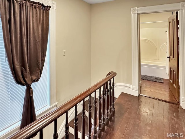 hall with wood-type flooring and an upstairs landing