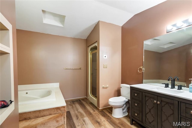 14276 State Route 21, De Soto, MO 63020 - bathroom featuring toilet, wood finished floors, vanity, a garden tub, and a shower stall