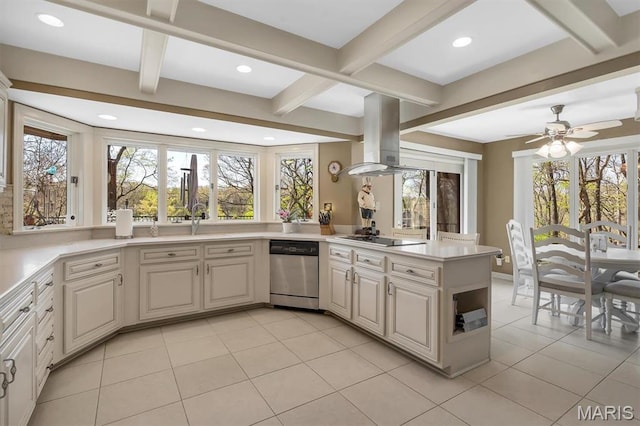 kitchen featuring dishwasher, beam ceiling, island exhaust hood, black electric cooktop, and light tile patterned floors