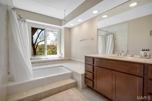 full bathroom with a relaxing tiled tub, recessed lighting, a shower with curtain, vanity, and tile patterned floors