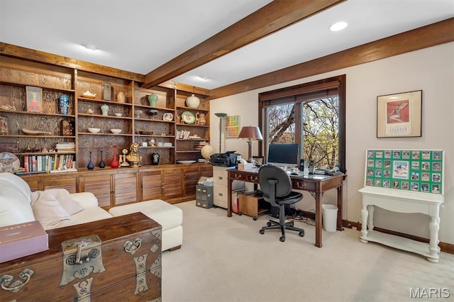 office area featuring beam ceiling and light colored carpet