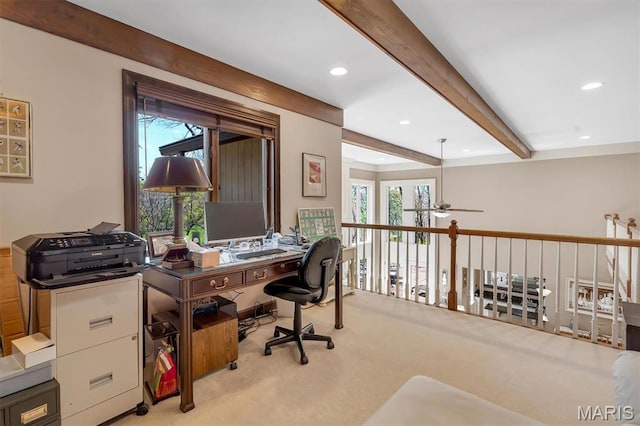 home office featuring ceiling fan, light carpet, beam ceiling, and recessed lighting