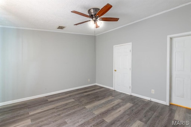 1340 Denmark Rd, Union, MO 63084 - spare room featuring a ceiling fan, wood finished floors, baseboards, ornamental molding, and a textured ceiling