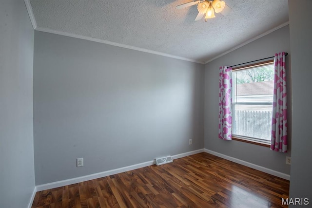 1340 Denmark Rd, Union, MO 63084 - empty room featuring a textured ceiling, dark wood-type flooring, ceiling fan, baseboards, and crown molding