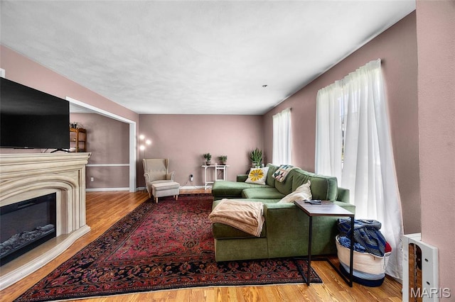 6623 Neosho St, Saint Louis, MO 63109 - living room with wood finished floors, baseboards, and a glass covered fireplace