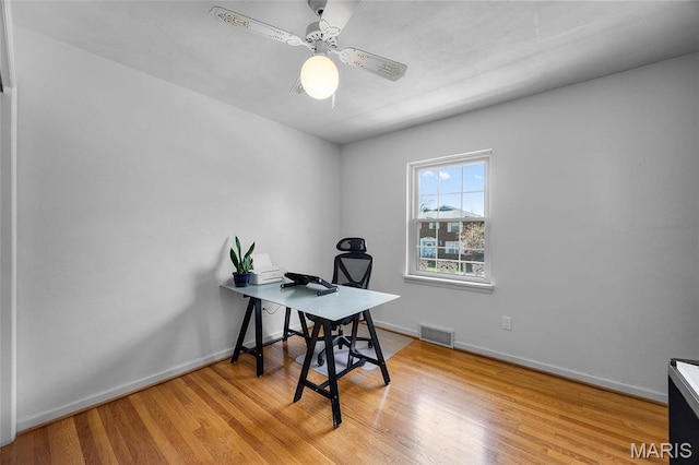 6623 Neosho St, Saint Louis, MO 63109 - office area with baseboards, light wood-type flooring, and ceiling fan