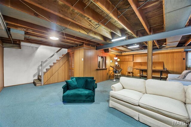 6623 Neosho St, Saint Louis, MO 63109 - finished basement featuring stairs, baseboards, wooden walls, and carpet flooring