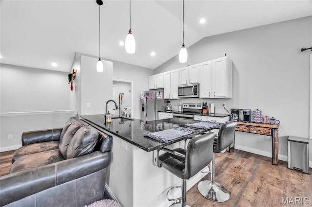 1103 Baseball Dr, Foristell, MO 63348 - kitchen with appliances with stainless steel finishes, a sink, a breakfast bar area, vaulted ceiling, and dark wood-style floors