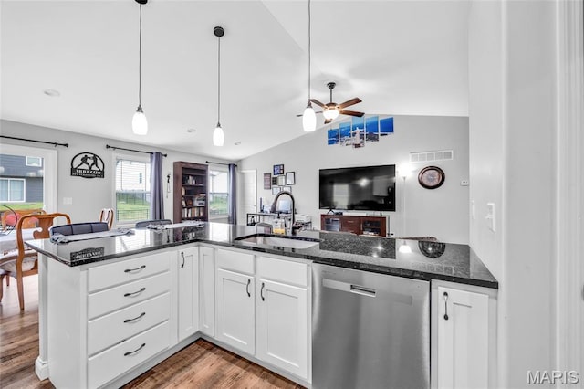 1103 Baseball Dr, Foristell, MO 63348 - kitchen featuring stainless steel dishwasher, a sink, lofted ceiling, open floor plan, and ceiling fan