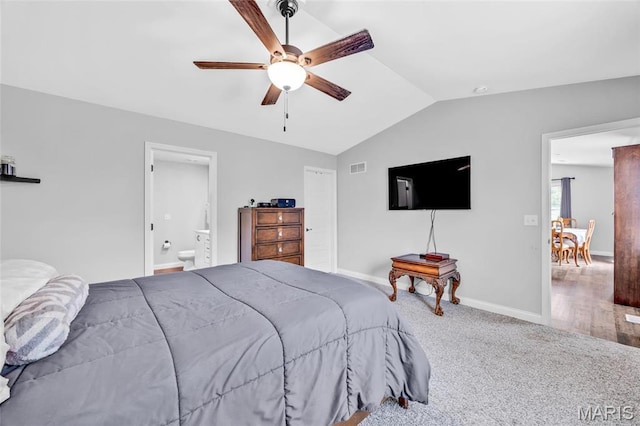 1103 Baseball Dr, Foristell, MO 63348 - bedroom with vaulted ceiling, baseboards, carpet flooring, ensuite bath, and a ceiling fan