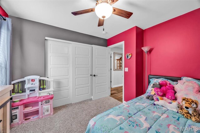 1103 Baseball Dr, Foristell, MO 63348 - bedroom with a closet, carpet, and a ceiling fan