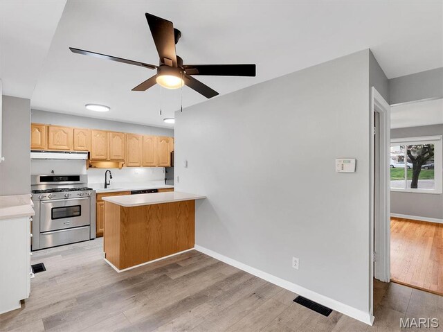 3100 Edgemont Ct, Saint Ann, MO 63074 - kitchen featuring stainless steel gas stove, under cabinet range hood, a sink, a ceiling fan, and light brown cabinetry