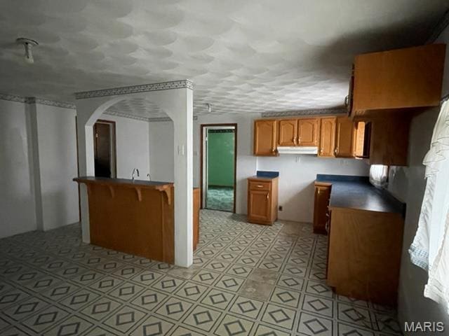 515 S Main St, Fredericktown, MO 63645 - kitchen featuring brown cabinetry, under cabinet range hood, and arched walkways